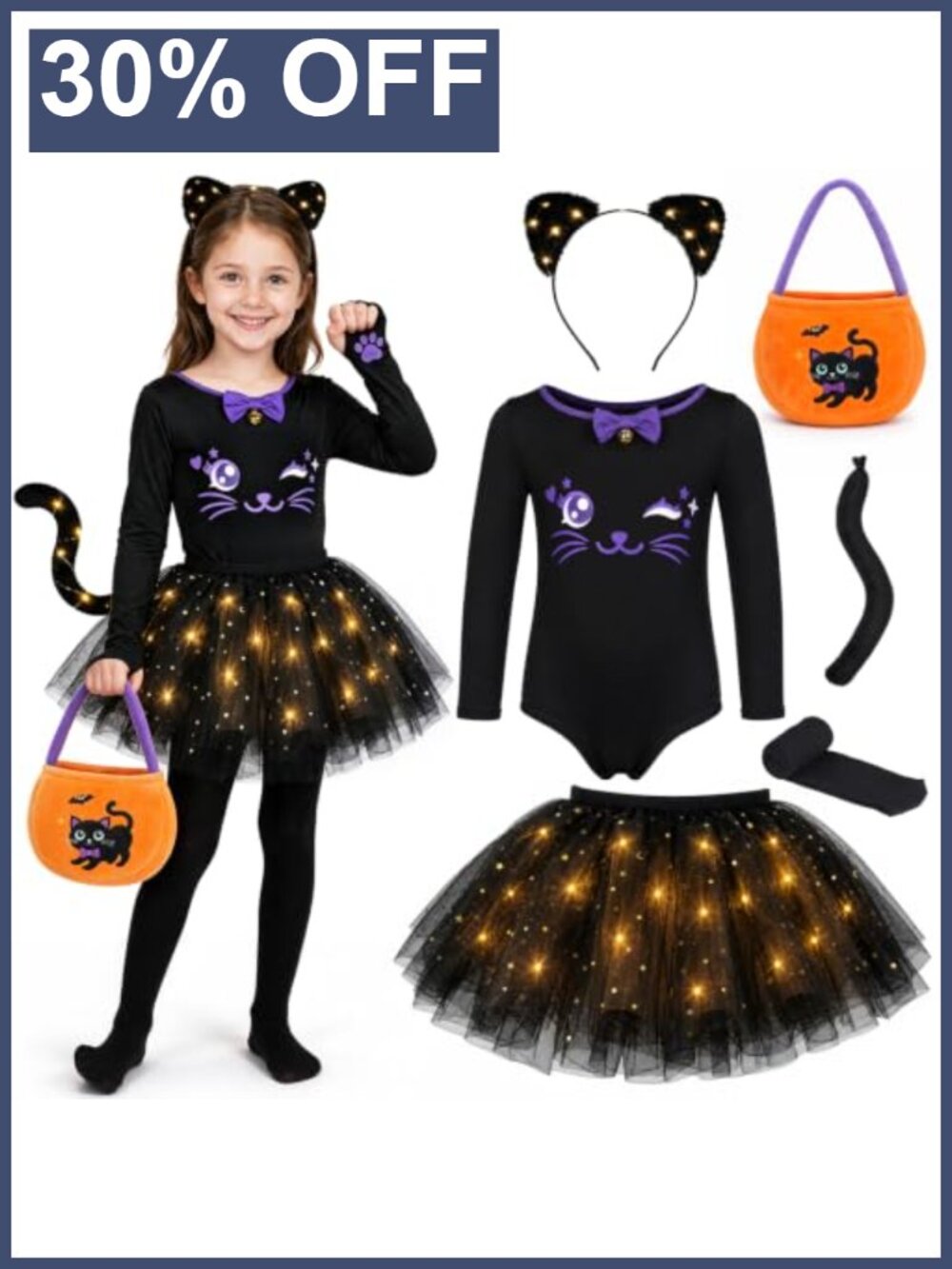 Light-Up Black Cat Halloween Costume Set for Girls with Tutu & Accessories